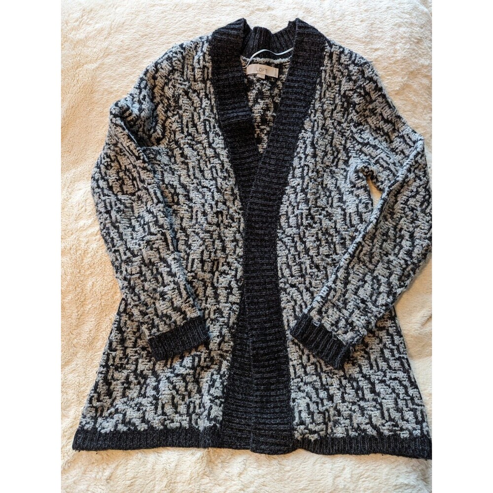 Ann Taylor Loft Gray Marbled Chunky Knit Open Front Cardigan Sweater Medium